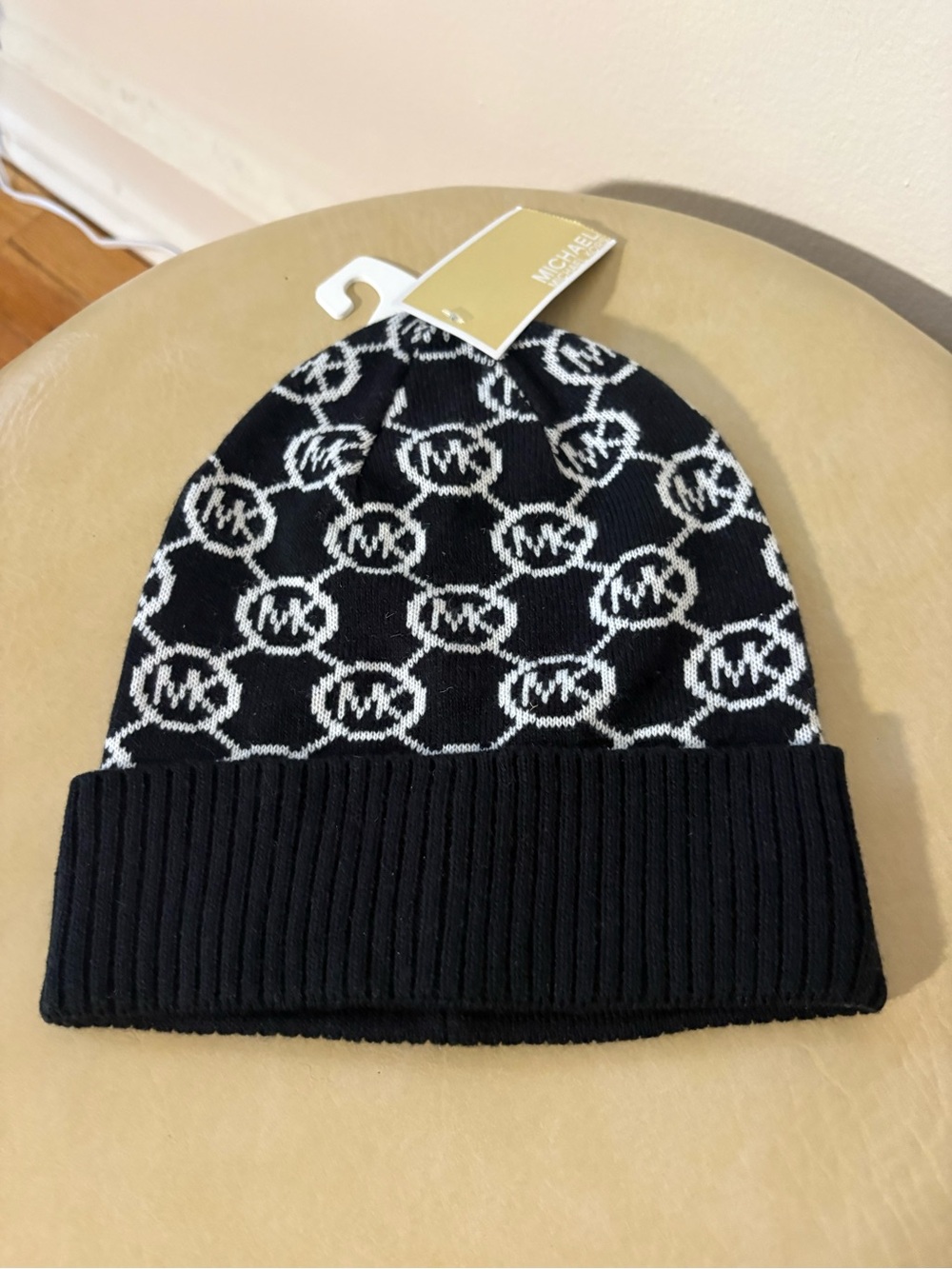 NWT Michael Kors Black & White MK Logo Fold-Over Beanie